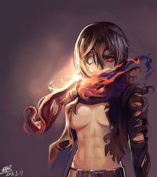 Rule 34 | 1girl, abs, bandages, bandage over one eye, belt, black hair, breasts, glowing, glowing eye, mikasa ackerman, navel, open clothes, red eyes, scarf, shingeki no kyojin, short hair, solo, tianlluo, torn clothes