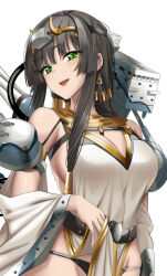 Rule 34 | 1girl, :d, black hair, black panties, breasts, character request, clothes lift, doko tetora, dress, green eyes, kantai collection, large breasts, long hair, long sleeves, looking at viewer, open mouth, panties, pelvic curtain, pelvic curtain lift, sideboob, simple background, smile, solo, standing, underwear, white background, white dress, wide sleeves