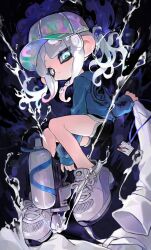 Rule 34 | 1girl, baseball cap, black shorts, blood, blue hoodie, blue pupils, closed mouth, coat, commentary, cross-laced footwear, dolphin shorts, full body, hat, highres, holding, holding clothes, holding coat, holding weapon, hood, hood down, hoodie, iridescent, kumo (kumo hsc0216), lanyard, long hair, multicolored clothes, multicolored hat, nintendo, octoling, octoling girl, octoling player character, ponytail, print hoodie, shoes, shorts, sneakers, solo, splatoon (series), splatoon 3, splattershot (splatoon), suction cups, symbol-only commentary, tentacle hair, unworn coat, weapon, white coat, white eyes, white footwear, white hair, white trim