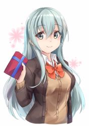 Rule 34 | 1girl, aqua eyes, aqua hair, blouse, blush, bow, bowtie, box, breasts, brown jacket, buttons, gift, gift box, hair between eyes, highres, holding, holding gift, jacket, kantai collection, long hair, long sleeves, minosu, red bow, red bowtie, revision, ribbon, school uniform, shirt, simple background, smile, solo, suzuya (kancolle), suzuya kai ni (kancolle), two-tone background, upper body, valentine, white shirt