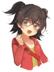 Rule 34 | 10s, 1girl, :d, akagi miria, bad id, bad twitter id, bespectacled, black hair, blush, brown eyes, glasses, haru akinosuke, head tilt, hood, hooded jacket, idolmaster, idolmaster cinderella girls, jacket, long sleeves, open clothes, open jacket, open mouth, red-framed eyewear, shirt, short hair, short twintails, simple background, smile, solo, sparkle, twintails, two side up, upper body, white background