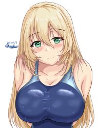 Rule 34 | 1girl, arms behind back, atago (kancolle), blonde hair, blue one-piece swimsuit, breasts, collarbone, competition swimsuit, dated, green eyes, hair between eyes, highres, kantai collection, large breasts, long hair, looking at viewer, montemasa, one-piece swimsuit, simple background, smile, solo, swimsuit, twitter username, two-tone swimsuit, upper body, wet, wet clothes, wet swimsuit, white background