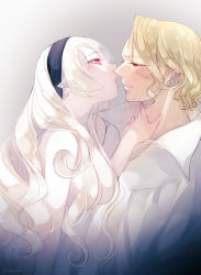 Rule 34 | 1boy, 1girl, blonde hair, breasts, cleavage, corrin (female) (fire emblem), corrin (fire emblem), curly hair, fire emblem, fire emblem fates, hairband, hand on another&#039;s neck, hetero, highres, imminent kiss, large breasts, lips, long hair, negiwo, nintendo, open clothes, open shirt, pointy ears, red eyes, shirt, short hair, sketch, twitter username, white hair, white shirt, xander (fire emblem)