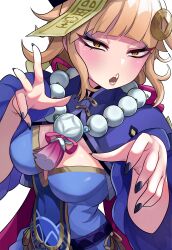 Rule 34 | 1girl, absurdres, alternate costume, bead necklace, beads, blonde hair, blunt bangs, cosplay, dress, fangs, genshin impact, ghost pose, hat, highres, jewelry, jiangshi, long hair, looking at viewer, necklace, ofuda, ofuda on head, open mouth, purple dress, purple eyes, purple nails, qingdai guanmao, qiqi (genshin impact), qiqi (genshin impact) (cosplay), sidelocks, solo, talisman, toga himiko, unusualpie, yellow eyes