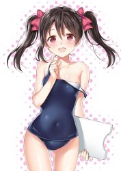 Rule 34 | 10s, 1girl, :d, asymmetrical hair, black hair, blue one-piece swimsuit, blush, bow, breasts, collarbone, covered navel, cowboy shot, finger to cheek, hair between eyes, hair bow, halftone, hand up, happy, holding, index finger raised, kawauchi (kaz7ry), kickboard, looking at viewer, love live!, love live! school idol project, navel, old school swimsuit, one-piece swimsuit, open mouth, outline, parted bangs, pink bow, red bow, red eyes, school swimsuit, sidelocks, skin tight, small breasts, smile, solo, standing, strap slip, swimsuit, twintails, white background, yazawa nico