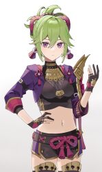Rule 34 | 115innu, 1girl, breasts, closed mouth, cowboy shot, crop top, cropped jacket, fingerless gloves, genshin impact, gloves, green hair, hand on own hip, highres, jacket, kuki shinobu, looking at viewer, midriff, navel, open clothes, open jacket, ponytail, purple eyes, short shorts, shorts, small breasts, solo