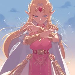 Rule 34 | 1girl, armor, bead necklace, beads, belt, blonde hair, cowboy shot, dress, forehead jewel, green eyes, half-closed eyes, hands up, jewelry, long hair, miri (cherryjelly), necklace, nintendo, outdoors, pink dress, pointy ears, princess zelda, red belt, short sleeves, shoulder plates, smile, solo, sparkle, the legend of zelda, the legend of zelda: a link between worlds