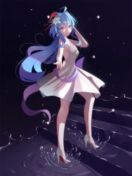 Rule 34 | 1girl, absurdres, alternate costume, blue hair, breasts, dress, floating hair, flower, ganyu (genshin impact), genshin impact, hair flower, hair ornament, high heels, highres, horns, hyafumi, long hair, medium breasts, open hand, outstretched arm, parted lips, purple eyes, sideboob, smile, solo, stairs, white dress, white flower, white footwear