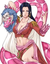 Rule 34 | 1girl, absurdres, animal, armor, arms up, black hair, blue eyes, boa hancock, breasts, cape, colored sclera, cropped jacket, earrings, epaulettes, fur, groin, hand up, highres, hime cut, jewelry, kerana art, large breasts, legs, long hair, looking at viewer, midriff, navel, one piece, parted lips, pauldrons, print sarong, red sarong, salome (one piece), sarong, serious, shoulder armor, simple background, skull, slit pupils, snake, snake earrings, standing, thighs, white background, yellow sclera