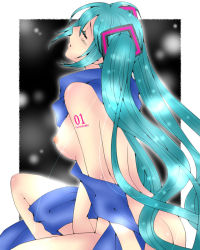 Rule 34 | 1girl, aqua hair, bad id, bad pixiv id, blue scarf, breasts, closed eyes, hatsune miku, long hair, medium breasts, misato (mi to), naked scarf, nipples, nude, scarf, solo, twintails, very long hair, vocaloid