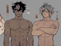 Rule 34 | 3boys, abs, alhaitham (genshin impact), alternate body hair, alternate skin color, arataki itto, arm hair, bara, black hair, cropped, crossed arms, dante (rottendevilman), dark-skinned male, dark skin, genshin impact, grey hair, grey vest, hair between eyes, hair ears, highres, large pectorals, male focus, multicolored hair, multiple boys, navel, navel hair, nipples, pectorals, sanpaku, scar, scar on neck, stomach, streaked hair, thick eyebrows, toned, toned male, too many, too many scars, unfinished, vest, wriothesley (genshin impact)