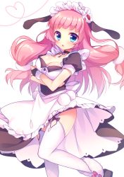 Rule 34 | 1girl, :o, animal ears, apron, azur lane, black bow, black choker, black dress, black footwear, blue eyes, blush, bow, breasts, choker, cleavage, collarbone, dress, frilled apron, frills, garter straps, hair ornament, heart, highres, key, long hair, looking at viewer, maid, maid headdress, medium breasts, parted lips, pink hair, puffy short sleeves, puffy sleeves, rabbit ears, red bow, shoes, short sleeves, simple background, solo, standing, standing on one leg, suffolk (azur lane), thighhighs, very long hair, waist apron, white apron, white background, white thighhighs, ytuorvi