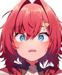 Rule 34 | 1girl, ange katrina, ange katrina (1st costume), blue eyes, blush, closed mouth, commentary, hair between eyes, hair ornament, hairclip, looking at viewer, nijisanji, portrait, red hair, short hair, simple background, solo, sukuna136, sweatdrop, virtual youtuber, white background