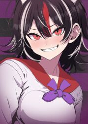 Rule 34 | 1girl, absurdres, black background, black hair, breasts, grid background, grin, highres, kijin seija, looking at viewer, multicolored hair, nara (gsx250r anzio), purple background, red eyes, shirt, short hair, smile, solo, streaked hair, touhou, two-tone background, white shirt