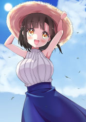 Rule 34 | 1girl, :d, adjusting clothes, adjusting headwear, armpits, arms up, blue skirt, blue sky, blunt bangs, bracelet, breasts, brown hair, cloud, hat, highres, hihkunhihkun, jashin-chan dropkick, jewelry, large breasts, long skirt, open mouth, ribbed sweater, skirt, sky, sleeveless, sleeveless sweater, sleeveless turtleneck, smile, solo, straw hat, sun, sweater, tachibana mei (jashin-chan dropkick), turtleneck, yellow eyes