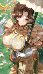 Rule 34 | 1girl, afk arena, bird, blush, breasts, brown eyes, brown hair, closed mouth, covered collarbone, curvy, dress, field, framed breasts, frilled dress, frills, from above, gloves, hair intakes, high collar, highres, himonoata, large breasts, long dress, mole, mole under mouth, outdoors, parted hair, shiny clothes, sidelocks, smile, striped clothes, striped dress, taut clothes, taut dress, umbrella, wavy hair, white gloves, yellow dress