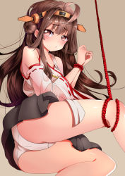 Rule 34 | 10s, 1girl, absurdres, ahoge, ass, bare shoulders, bdsm, blush, bondage, bound, bound wrists, brown eyes, brown hair, detached sleeves, double bun, eyebrows, hair bun, hairband, headgear, highres, japanese clothes, kantai collection, kongou (kancolle), long hair, looking at viewer, md5 mismatch, nontraditional miko, panties, pout, resolution mismatch, rope, skirt, solo, source smaller, thighs, underwear, xinshijie de akalin