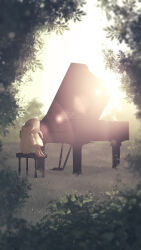 Rule 34 | 1girl, absurdres, barefoot, bush, closed eyes, day, dress, evening, facing viewer, forest, furi0831, grand piano, hair between eyes, head on arm, highres, instrument, knees to chest, landscape, lens flare, long dress, medium hair, nature, original, outdoors, piano, piano bench, scenery, sidelocks, sitting, solo, sundress, sunset, tree, white dress, white hair
