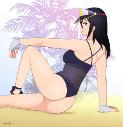 Rule 34 | 1girl, absurdres, alternate costume, ass, bare shoulders, black hair, breasts, brown eyes, fingerless gloves, from behind, gloves, highres, lackatask, long hair, looking at viewer, looking back, medium breasts, meleph (xenoblade), one-piece swimsuit, shiny skin, sideboob, smile, solo, swimsuit, visor, visor cap, xenoblade chronicles (series), xenoblade chronicles 2