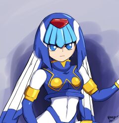 Rule 34 | 1girl, :3, absurdres, android, artist name, blue eyes, breasts, closed mouth, crop top, gloves, grey background, helmet, highres, fairy leviathan (mega man), looking at viewer, medium breasts, mega man (series), mega man x (series), mega man x dive, mega man zero (series), robot, robot girl, simple background, smile, solo, thighhighs, upper body, user yzjs7484, white gloves