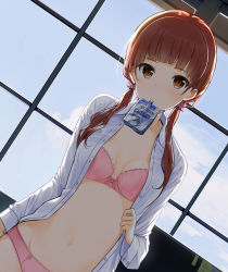 Rule 34 | 1girl, absurdres, blue sky, blush, bow, bow bra, bow panties, bra, breasts, brown eyes, brown hair, cloud, collarbone, collared shirt, commentary request, day, dress shirt, dutch angle, hair ornament, hair scrunchie, highres, indoors, long hair, long sleeves, looking at viewer, low twintails, max melon, mouth hold, navel, no pants, open clothes, open shirt, original, panties, pink bra, pink panties, pink scrunchie, scrunchie, shirt, sky, small breasts, solo, twintails, underwear, white shirt, window