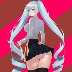 Rule 34 | absurdres, aqua hair, ass, black skirt, black thighhighs, blue hair, breasts, closed mouth, fingernails, goddess of victory: nikke, highres, large breasts, light blue hair, long fingernails, long hair, looking back, panties, privaty (nikke), school uniform, shirt, skirt, thighhighs, thighs, twintails, underwear, white panties, white shirt, yellow eyes