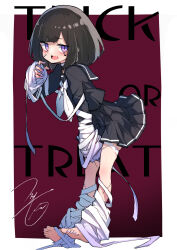 1girl absurdres bandaged_arm bandaged_leg bandages black_hair black_shirt black_skirt ear_piercing fang fukutchi halloween hand_between_thighs heart heart_tattoo highres kouhai-chan_(fukutchi) looking_at_viewer original piercing purple_eyes school_uniform serafuku shirt short_hair simple_background skirt solo stitched_face stitched_leg stitches tattoo trick_or_treat two-tone_background