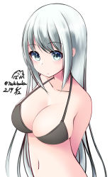 Rule 34 | 1girl, arms behind back, bare shoulders, blue eyes, breasts, cleavage, collarbone, commentary request, dated, highres, large breasts, long hair, looking at viewer, navel, nekobaka, original, parted lips, sidelocks, signature, silver hair, simple background, solo, twitter username, upper body, very long hair, white background