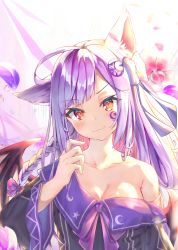 Rule 34 | 1girl, :3, ahoge, animal ears, blush, bow, braid, breasts, cat ears, cleavage, closed mouth, collarbone, commentary, crescent, facial mark, floral background, hair bow, head tilt, heterochromia, highres, long sleeves, medium breasts, mishuo (misuo69421), off shoulder, orange eyes, original, petals, purple bow, purple hair, purple ribbon, red eyes, red wings, ribbon, side braid, single bare shoulder, smile, solo, star (symbol), symbol-only commentary, upper body, v-shaped eyebrows, water drop, wide sleeves, wings