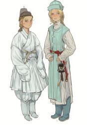 Rule 34 | androgynous, belt, blonde hair, blue eyes, blue footwear, blue headwear, boots, borrowed character, chinese clothes, closed mouth, grey eyes, hat, heterochromia, highres, korean clothes, long sleeves, looking at viewer, mossacannibalis, pants, pouch, red belt, simple background, smile, standing, white background, white footwear, white pants, yellow eyes