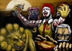 Rule 34 | 2boys, artist request, burger, chicken (food), colonel sanders, commentary request, creepy, food, fried chicken, glasses, horror (theme), kfc, mcdonald&#039;s, mister donut, multiple boys, open mouth, pon de lion, realistic, red hair, ronald mcdonald, what, white hair