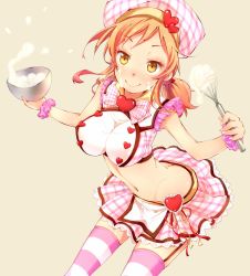 Rule 34 | 10s, 1girl, bare shoulders, batter, blush, breasts, brown eyes, brown hair, butt crack, chef hat, cleavage, cooking, crop top, food, food on face, hair ornament, hat, hato haru, heart, highres, idolmaster, idolmaster cinderella girls, impossible clothes, komatsu ibuki, long hair, looking at viewer, midriff, navel, skirt, smile, solo, striped clothes, striped thighhighs, thighhighs, twintails, whisk