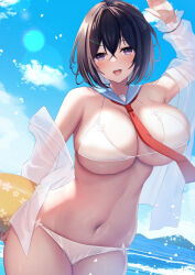 Rule 34 | 1girl, :d, bikini, black hair, blue sailor collar, blue sky, blush, breasts, cloud, commentary request, crossed bangs, day, hair ornament, hairclip, holding, holding swim ring, innertube, large breasts, liya, looking at viewer, navel, necktie, open mouth, original, outdoors, purple eyes, red necktie, sailor collar, see-through clothes, see-through shirt, shirt, short hair, sky, smile, solo, standing, swim ring, swimsuit, teeth, upper teeth only, white bikini, white shirt