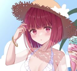 Rule 34 | 1girl, arima kana, bare shoulders, bikini, blue sky, blunt bangs, blunt ends, blush, breasts, cleavage, close-up, cloud, collarbone, commentary, day, double scoop, flower, food, frilled bikini, frills, furrowed brow, hair strand, hands up, hat, hat flower, ice cream, ice cream cone, izumo neru, looking at viewer, medium breasts, original, oshi no ko, outdoors, palm tree, parted lips, portrait, red eyes, red hair, scratching head, short hair, sky, solo, straw hat, sun hat, swimsuit, tree, white bikini, white flower