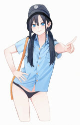 1girl absurdres bbul_horn black_hair blue_eyes bucket_hat collared_shirt commentary cropped_legs hand_up hat highres long_hair looking_at_viewer low_twintails original panties pointing shirt short_sleeves smile solo twintails underwear