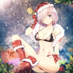 Rule 34 | 1girl, alternate costume, bare shoulders, bell, bikini, black bikini, blush, boots, breasts, christmas, cleavage, closed mouth, collarbone, fate/grand order, fate (series), fur trim, gloves, hair over one eye, hat, hip focus, knee boots, large breasts, light purple hair, looking at viewer, mash kyrielight, mistletoe, navel, purple eyes, red footwear, red gloves, santa hat, sitting, smile, snowing, solo, swimsuit, teddy (khanshin), thighhighs, thighs