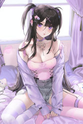 Rule 34 | 1girl, animal hair ornament, animalization, black bow, black hair, black ribbon, bow, breasts, choker, cleavage, collarbone, cross, cross-laced clothes, crossed legs, curtains, ear piercing, garter straps, high-waist shorts, highres, jacket, jacket partially removed, large breasts, latin cross, long hair, multicolored hair, nail art, nail polish, original, parted bangs, pentagram, piercing, pink thighhighs, purple bow, purple eyes, purple hair, purple jacket, purple nails, purple thighhighs, ribbon, short shorts, shorts, signature, sitting, sleeves past wrists, spaghetti strap, streaked hair, striped clothes, striped thighhighs, stuffed animal, stuffed cat, stuffed toy, thighhighs, tongue, tongue out, two side up, unxi, very long hair, violeta (unxi), white thighhighs, window, wire