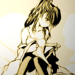 Rule 34 | 1girl, bare shoulders, collarbone, female focus, gradient background, long hair, monochrome, original, ponytail, sepia, sitting, solo, ssi, thighhighs