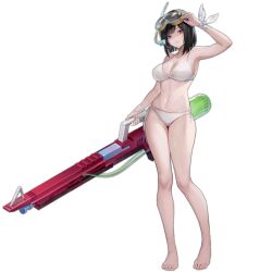 Rule 34 | 1girl, adjusting goggles, artist request, barefoot, bikini, black hair, breasts, cleavage, closed mouth, feet, full body, girls&#039; frontline, goggles, goggles on head, holding, holding water gun, large breasts, legs, looking at viewer, official alternate costume, official art, paradeus, purple eyes, ribbon, rodelero (girls&#039; frontline), short hair, side-tie bikini bottom, simple background, snorkel, solo, super soaker, swimsuit, third-party source, toenails, toes, transparent background, water gun, white bikini, white ribbon, wrist ribbon