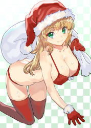Rule 34 | 1girl, bent over, bikini, blonde hair, blush, body blush, breasts, butt crack, checkered background, christmas, cleavage, covered erect nipples, from side, fur trim, gloves, gradient background, green eyes, hat, holding, kneeling, large breasts, light smile, long hair, lowleg, lowleg bikini, original, outstretched arm, over shoulder, ran&#039;ou (tamago no kimi), red bikini, red gloves, red thighhighs, sack, santa costume, santa hat, sideboob, sketch, smile, solo, swimsuit, thighhighs