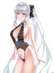 Rule 34 | 1girl, absurdly long hair, absurdres, bare shoulders, black bow, blue bow, blue eyes, blue nails, blush, bow, braid, breasts, cleavage, clothing cutout, collarbone, fate/grand order, fate (series), hair bow, highres, large breasts, lingerie, long hair, looking at viewer, morgan le fay (fate), nail polish, navel, navel cutout, ponytail, pubic tattoo, sidelocks, silver hair, simple background, solo, stomach tattoo, tattoo, underwear, very long hair, white background, yayanri