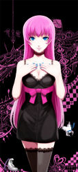 Rule 34 | 1girl, alternate costume, atlus, bare arms, bare shoulders, black background, black dress, black neckwear, black thighhighs, blue eyes, blue nails, breasts, catherine, catherine (cosplay), catherine (game), choker, cleavage, cosplay, dress, female focus, grey thighhighs, hanarin, hands on own chest, large breasts, legs, lips, long hair, looking at viewer, md5 mismatch, megurine luka, nail polish, neck, pink hair, pink ribbon, resolution mismatch, ribbon, short dress, smile, solo, source larger, standing, thighhighs, vocaloid, zettai ryouiki