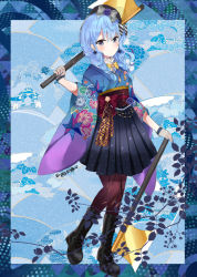 Rule 34 | 1girl, axe, black footwear, black skirt, blue hair, blue kimono, blush, boots, bow, braid, brown pantyhose, closed mouth, commentary request, cross-laced footwear, fishnet gloves, fishnets, floral print, flower, full body, gloves, golden axe (weapon), grey bow, grey eyes, hair between eyes, hair bow, hair over shoulder, hakama, hakama short skirt, hakama skirt, hand up, holding, holding axe, hololive, hoshimachi suisei, hoshimachi suisei (new year), japanese clothes, kimono, lace-up boots, long sleeves, low twintails, lunacats, obi, pantyhose, print kimono, purple flower, purple rose, rose, sash, skirt, smile, solo, standing, standing on one leg, twin braids, twintails, virtual youtuber, wide sleeves