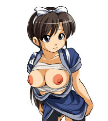 Rule 34 | 1girl, bandages, blue eyes, bow, breasts, brown hair, japanese clothes, kuonji ukyou, large breasts, nipples, open clothes, ranma 1/2, sandansu, sarashi, solo, sweat