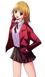 Rule 34 | 1boy, blazer, blonde hair, brown eyes, crossdressing, fu (193197), hand in pocket, highres, jacket, looking at viewer, looking up, male focus, open mouth, pretty face, randou masashi, red ribbon, ribbon, school uniform, short hair, skirt, smile, solo, trap