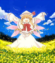 Rule 34 | 1girl, :d, ^ ^, arms up, bad id, bad pixiv id, blush, bow, bowtie, capelet, closed eyes, cloud, day, dress, closed eyes, fairy, female focus, field, flower, flower field, happy, hat, hat ribbon, lily white, open mouth, outstretched arms, petals, ribbon, sky, smile, solo, touhou, tsuguha, white dress, wings