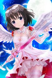 Rule 34 | 1girl, absurdres, alternative girls, angel wings, armlet, asahina nono, brown hair, choker, closed mouth, dress, full moon, hair ornament, heart, heart choker, highres, holding, holding weapon, jewelry, looking at viewer, moon, night, night sky, official art, purple eyes, short hair, sky, smile, solo, weapon, white dress, wings