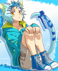 Rule 34 | 1boy, animal ears, ars goetia, bishounen, blue background, blue hair, blue theme, casual, cat boy, cat ears, cat tail, contemporary, crocell (mygrimoire), full body, hood, hoodie, kyousaku, male focus, mygrimoire, orange eyes, original, ribbon, shoes, shorts, sitting, solo, tail, tail ornament, tail ribbon