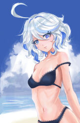 Rule 34 | 1girl, ahoge, bare arms, bare shoulders, blue bra, blue eyes, blue hair, blue panties, blue sky, bra, breasts, cleavage, cloud, collarbone, commentary, day, furina (genshin impact), genshin impact, hair between eyes, kokoe (aexm4485), lace, lace-trimmed bra, lace-trimmed panties, lace trim, looking at viewer, multicolored hair, navel, no headwear, outdoors, panties, short hair, sky, small breasts, smile, solo, stomach, streaked hair, underwear, underwear only, upper body, white hair