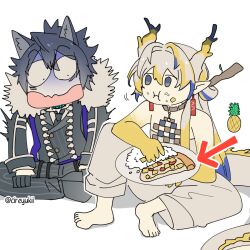 Rule 34 | 1boy, 1girl, animal ears, arknights, arrow (symbol), artist name, barefoot, blonde hair, blue eyes, blue hair, closed mouth, commentary, dragon girl, dragon horns, dragon tail, earrings, eating, english commentary, food, food on face, fruit, grey hair, hair between eyes, highres, horns, indian style, infection monitor (arknights), jewelry, knee up, multicolored hair, open mouth, pineapple, pineapple pizza, pizza, plate, pointy ears, rice, shu (arknights), sitting, tail, twitter username, variant set, vigil (arknights), wolf boy, wolf ears, yukii